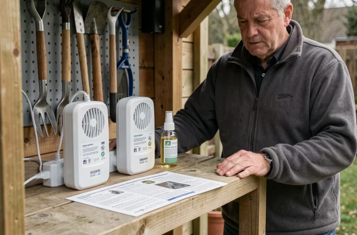 Répulsifs ultrasoniques et spray naturel anti-fouine présentés sur une étagère comme méthodes alternatives de lutte