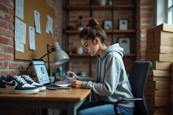 Revendeuse de sneakers analysant une paire de baskets de collection dans un bureau à domicile entouré de boîtes et d'un écran de marketplace