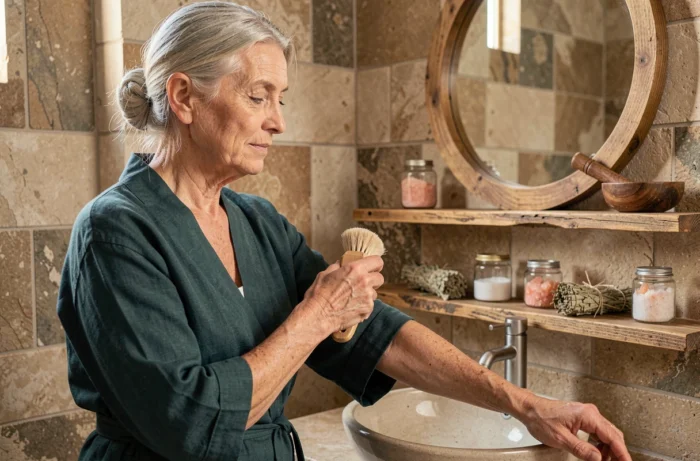 Femme senior effectuant un brossage à sec du corps dans une salle de bain en pierre dans le cadre d'un rituel de nettoyage énergétique quotidien