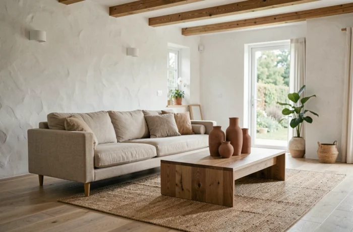 Salon moderne décoré dans un style scandinave avec canapé en lin, tapis en jute et vases en céramique sur une table basse en chêne