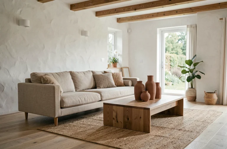 Salon moderne décoré dans un style scandinave avec canapé en lin, tapis en jute et vases en céramique sur une table basse en chêne