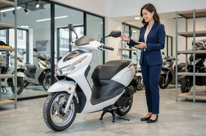 Scooter 50cc blanc exposé dans une concession moto moderne avec une vendeuse professionnelle