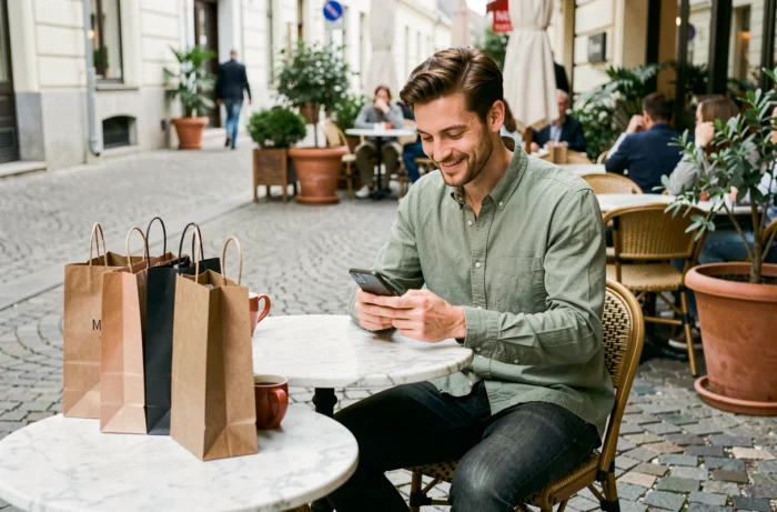 Homme jeune assis en terrasse de café entouré de sacs de shopping mode et lifestyle en ville