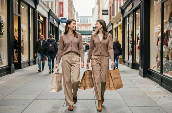 Deux amies faisant du shopping ensemble dans une rue commerçante animée avec des sacs et tenues tendance