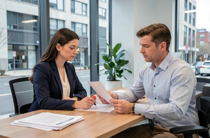 Femme signant un contrat de location avec un agent immobilier dans un bureau moderne