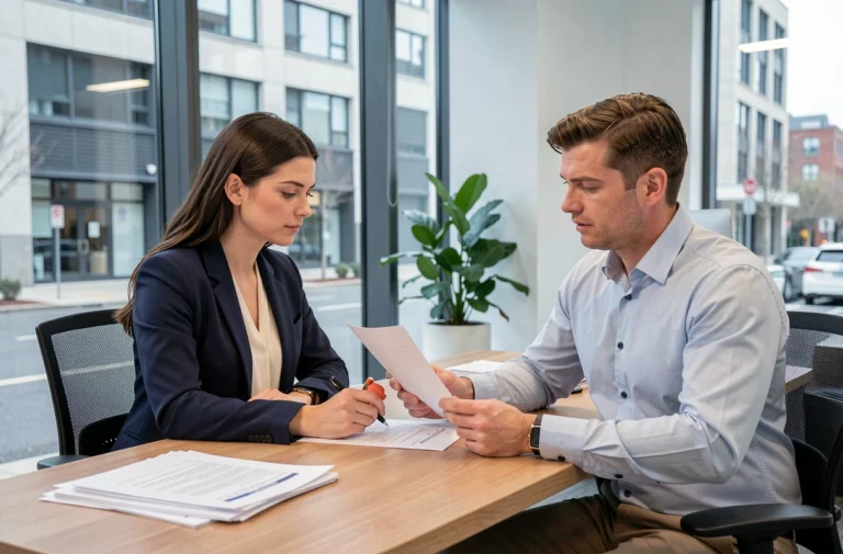 Femme signant un contrat de location avec un agent immobilier dans un bureau moderne
