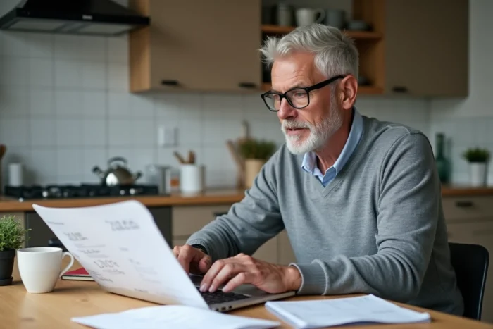 Homme calculant le tarif horaire ADMR sur ordinateur avec des documents d'aide à domicile