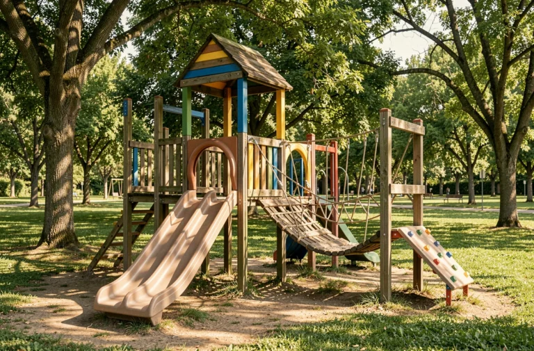 Structure de jeux en bois colorée avec toboggan, pont de corde et mur d'escalade dans un parc verdoyant pour enfants