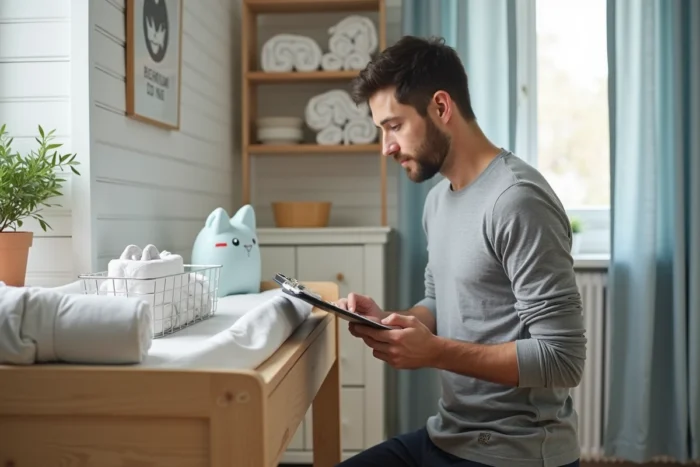 Père organisant les accessoires de change sur une table à langer en bois dans une chambre de bébé avec décoration scandinave épurée
