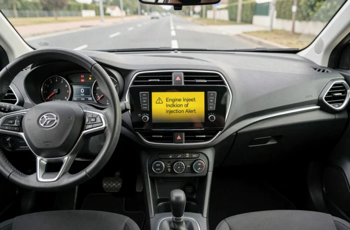 Tableau de bord d'une Clio 5 affichant le message d'alerte injection à contrôler sur le combiné d'instruments