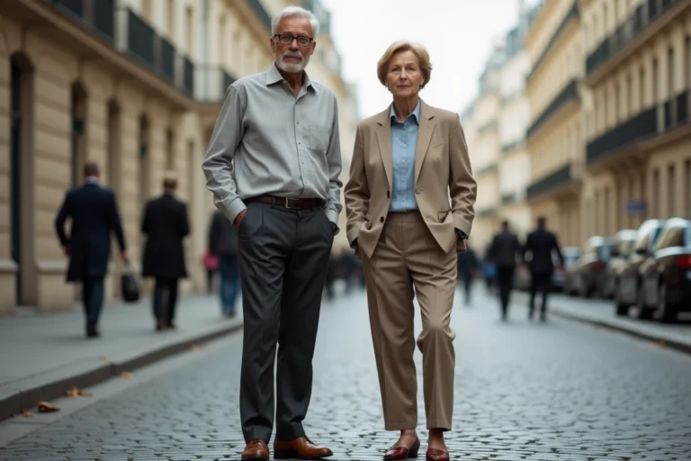 Un grand homme et une femme de grande taille posant côte à côte sur un boulevard parisien, illustrant la comparaison de taille entre célébrités