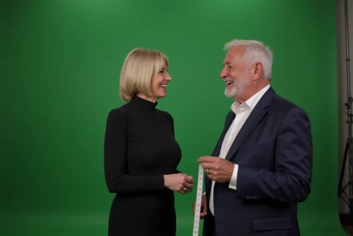 Un homme grand et une femme élancée dans les coulisses d'un studio de télévision tenant un mètre ruban, évoquant la révélation de leur taille réelle