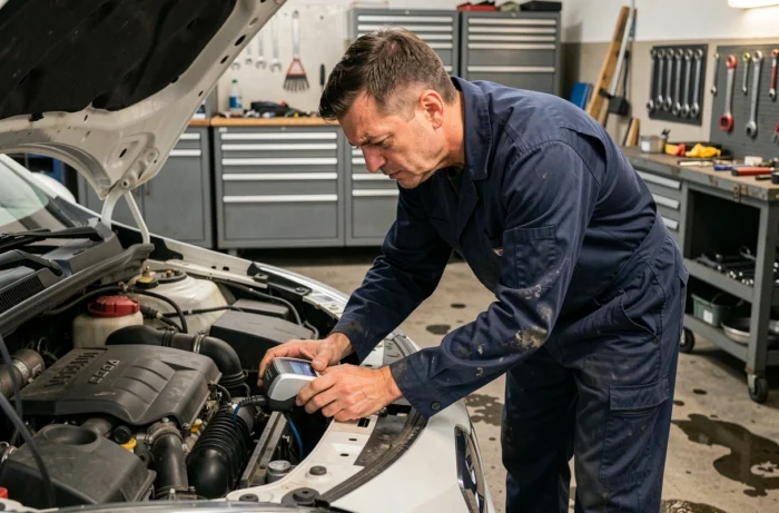 Technicien automobile connectant un scanner OBD2 sur une Renault Clio 5 pour diagnostiquer le message injection à contrôler