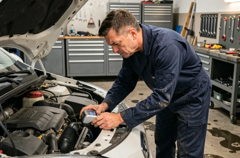 Technicien automobile connectant un scanner OBD2 sur une Renault Clio 5 pour diagnostiquer le message injection à contrôler