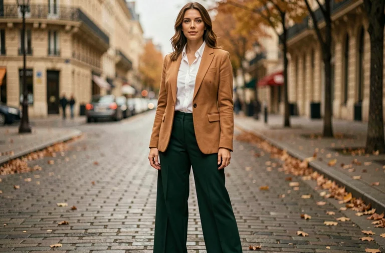 Femme élégante en blazer camel et pantalon large vert forêt dans une rue pavée parisienne en automne, tendances mode 2024