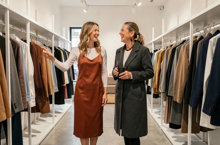 Deux femmes aux styles complémentaires faisant du shopping dans un concept store minimaliste, inspirations mode tendances 2024