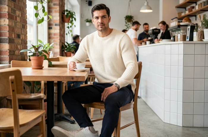 Homme stylé en pull côtelé crème et chino marine dans un café scandinave, style quotidien tendances mode homme 2024