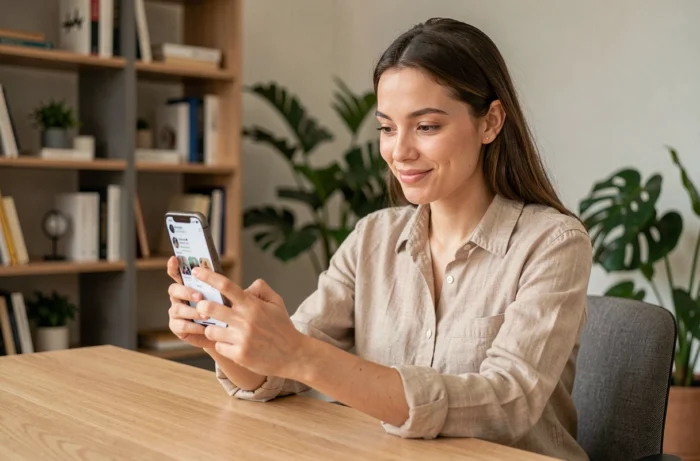 Jeune femme consultant les tendances des réseaux sociaux sur son smartphone dans un bureau moderne