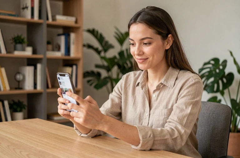 Jeune femme consultant les tendances des réseaux sociaux sur son smartphone dans un bureau moderne