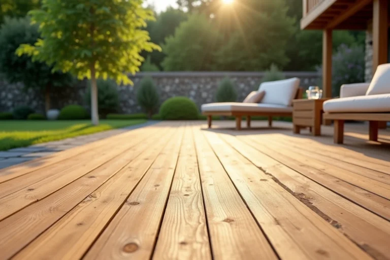 Terrasse en bois de teck naturel avec mobilier de jardin dans un jardin résidentiel verdoyant