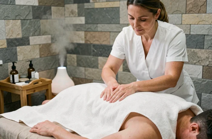 Thérapeute professionnelle réalisant un massage thérapeutique dans un institut de bien-être à Paris