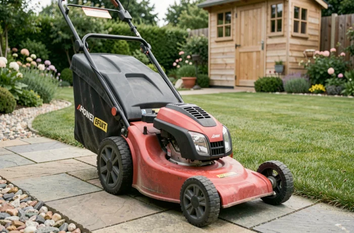 Tondeuse thermique Einhell vue de trois quarts sur une allée de jardin avec pelouse fraîchement tondue