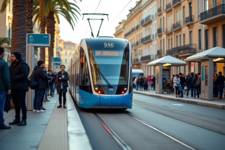 Tramway moderne à l'arrêt en plein centre-ville de Nice, avec des voyageurs attendant sur le quai avenue Jean Médecin