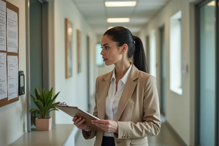 Travailleuse sociale ADMR présentant un document de tarification horaire dans un bureau de coordination
