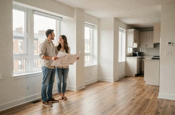 Couple visitant un appartement vide lors d'une visite locative