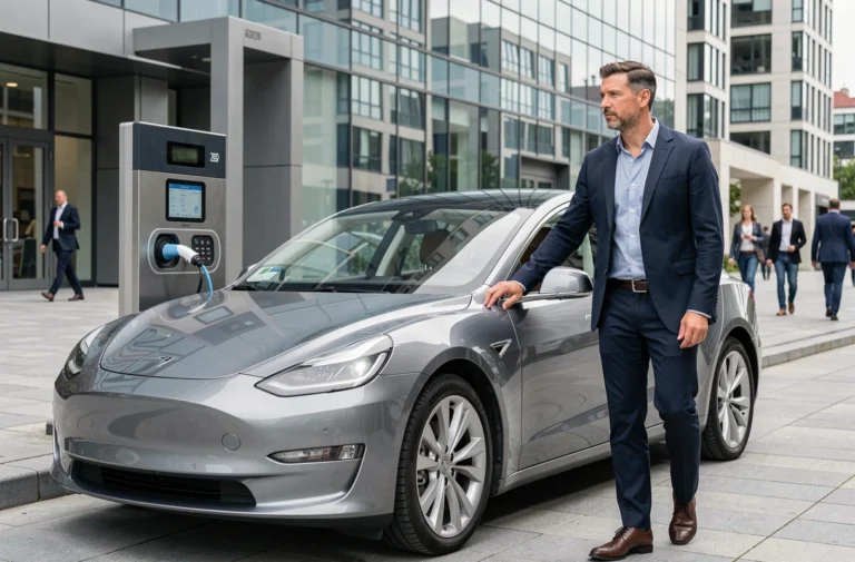 Homme debout à côté d'une voiture électrique moderne en cours de recharge dans un quartier urbain contemporain, illustrant les nouvelles tendances de l'automobile
