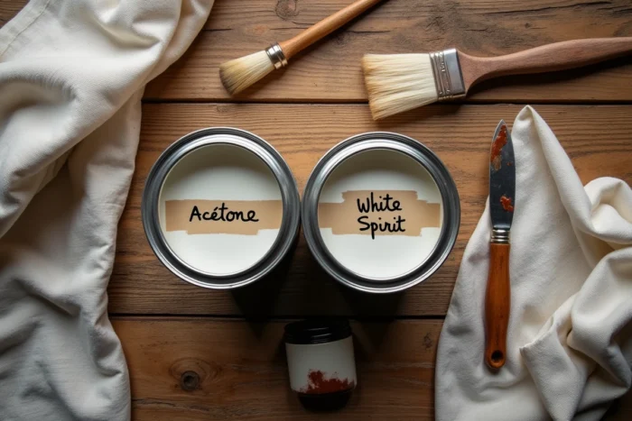 Vue de dessus de boîtes d'acétone et de white spirit avec des chiffons et pinceaux de peinture sur bois